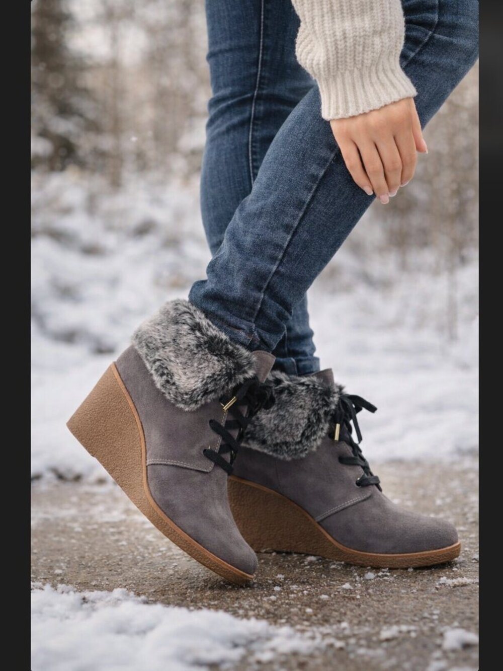 Cole Haan Coralie Wedge Bootie 8.5 Gray Waterproof Suede Faux Fur Lace Comfort